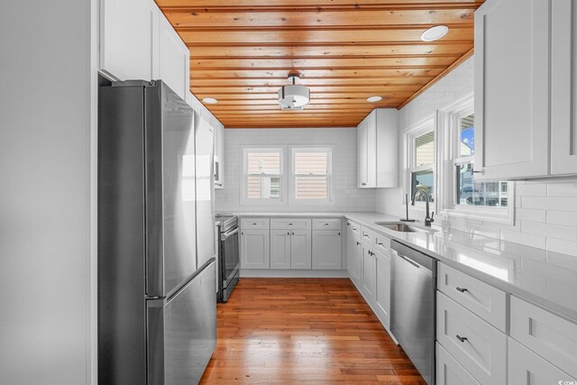 kitchen with appliances with stainless steel finishes, sink, light wood-type flooring, wood ceiling, and white cabinets