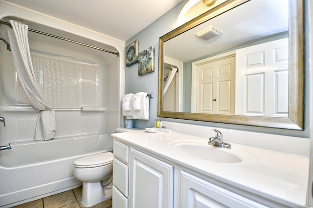 full bathroom with vanity, toilet, tile patterned floors, and shower / bathtub combination with curtain