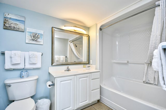 full bathroom featuring tile patterned flooring, vanity, toilet, and shower / bath combination with curtain