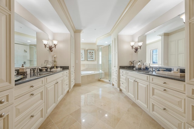 bathroom with separate shower and tub, a notable chandelier, tile patterned flooring, ornamental molding, and vanity