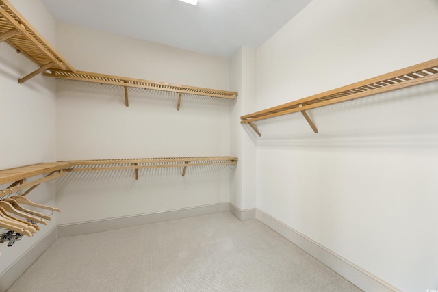 walk in closet with light colored carpet