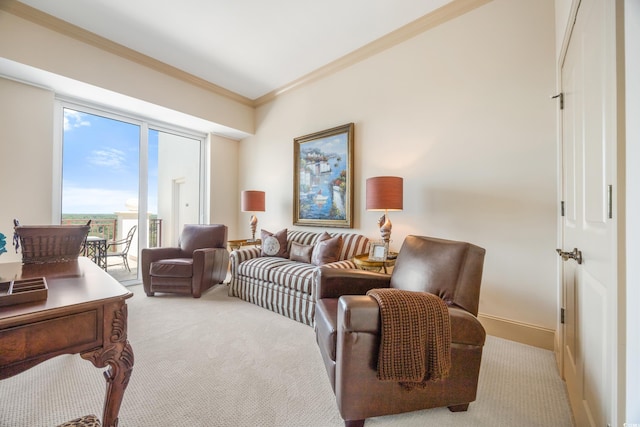 living room featuring ornamental molding and carpet floors