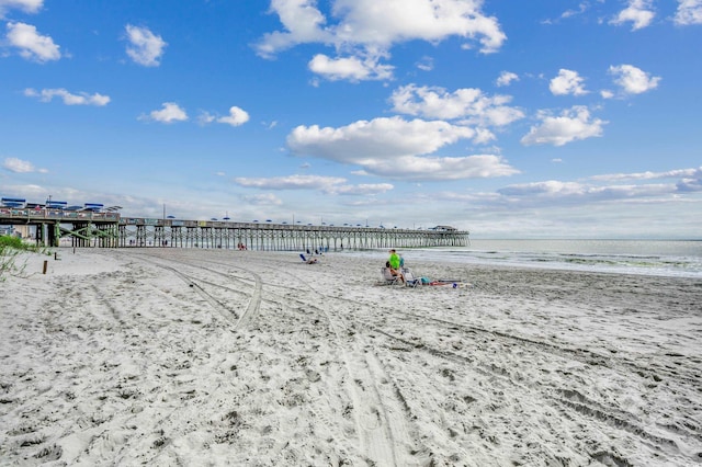 view of water feature featuring a view of the beach and a pier