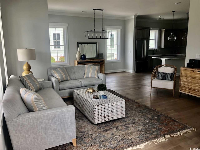 living room with ornamental molding, dark hardwood / wood-style floors, sink, and an inviting chandelier