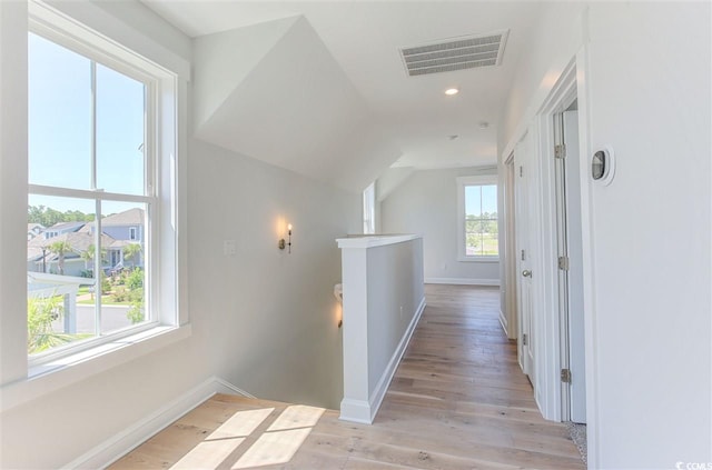 hall featuring plenty of natural light, light hardwood / wood-style floors, and vaulted ceiling