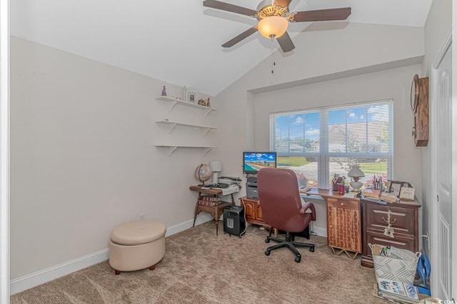 office space featuring light carpet, vaulted ceiling, and ceiling fan