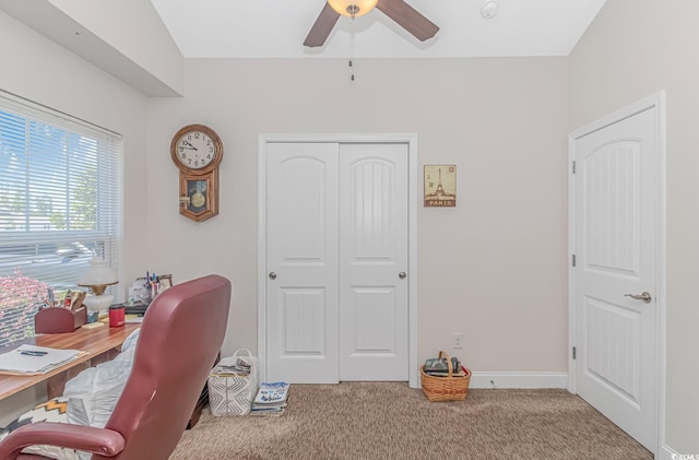 office space with ceiling fan and carpet flooring