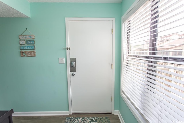 doorway to outside featuring a textured ceiling and hardwood / wood-style flooring