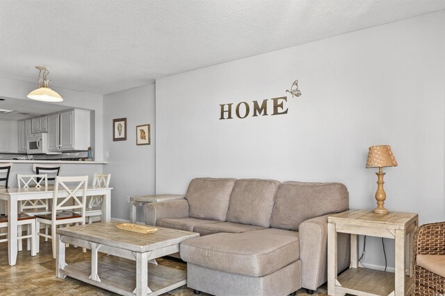 living room with a textured ceiling