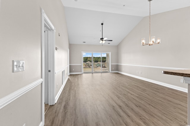 unfurnished living room featuring high vaulted ceiling, ceiling fan, and dark hardwood / wood-style floors