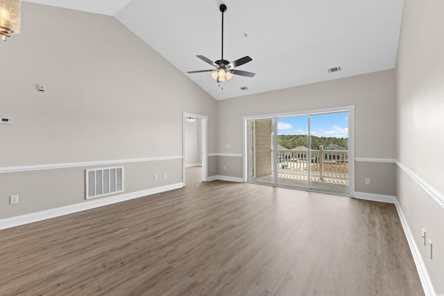 unfurnished living room featuring high vaulted ceiling, ceiling fan, and hardwood / wood-style floors