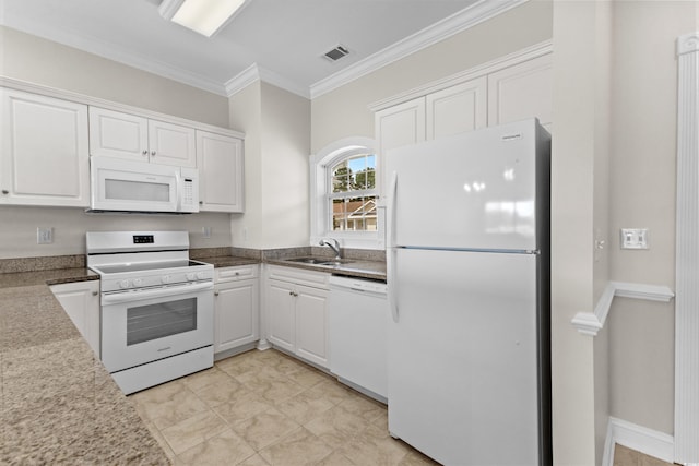 kitchen with ornamental molding, sink, white appliances, and white cabinetry