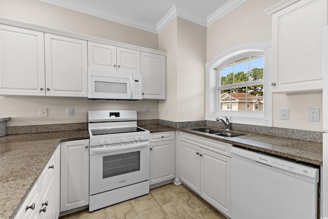 124 S Shore Blvd Unit 303, Longs, SC 29568 - kitchen with white appliances, white cabinets, ornamental molding, dark stone countertops, and light tile patterned flooring