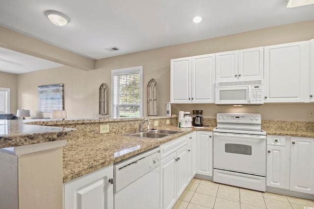 kitchen with white cabinets, white appliances, light stone counters, sink, and kitchen peninsula