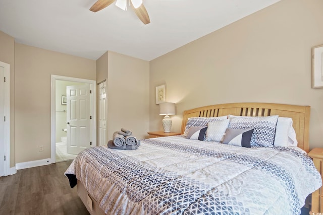 bedroom featuring wood-type flooring, ceiling fan, and ensuite bathroom