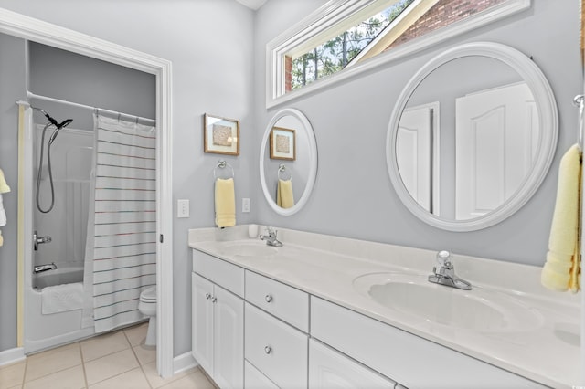 full bathroom with vanity, toilet, tile patterned floors, and shower / bathtub combination with curtain