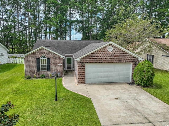 single story home featuring brick siding, a front lawn, fence, concrete driveway, and roof with shingles