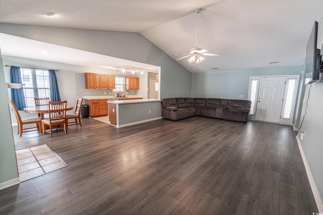 living area with vaulted ceiling, baseboards, and dark wood-style flooring