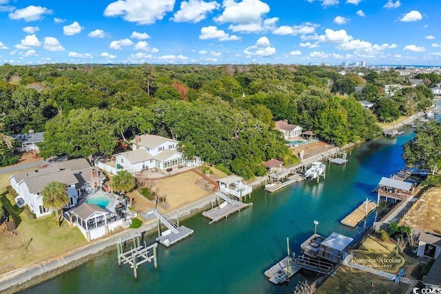 bird's eye view with a water view