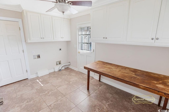 laundry area featuring cabinets, hookup for a washing machine, ceiling fan, crown molding, and electric dryer hookup