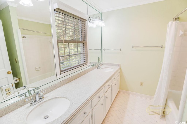 bathroom featuring tile patterned floors, vanity, ornamental molding, and shower / bath combo with shower curtain