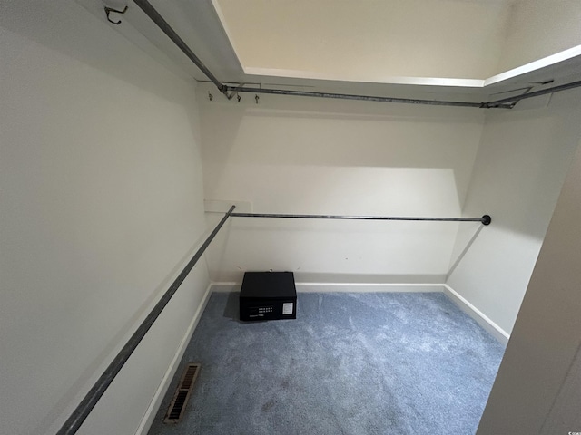 walk in closet with dark carpet