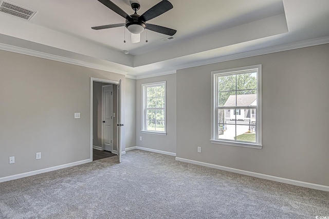 carpeted empty room with a tray ceiling, ceiling fan, a healthy amount of sunlight, and ornamental molding