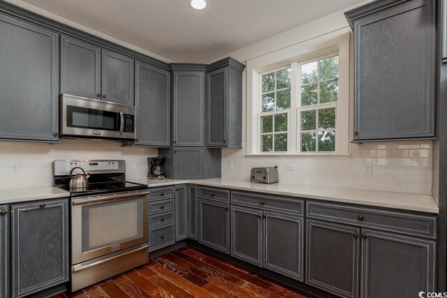 kitchen featuring gray cabinets, appliances with stainless steel finishes, decorative backsplash, and dark hardwood / wood-style flooring