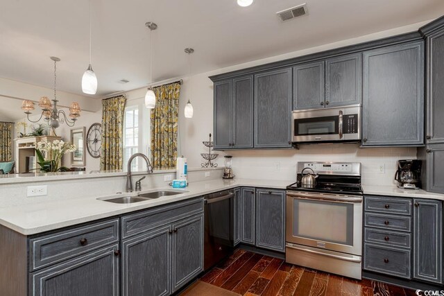 kitchen with dark hardwood / wood-style flooring, pendant lighting, stainless steel appliances, sink, and kitchen peninsula