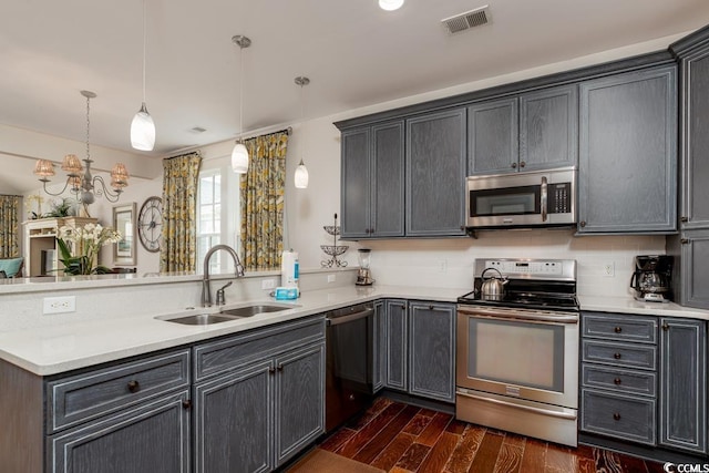 kitchen featuring a peninsula, dark wood-type flooring, a sink, light countertops, and appliances with stainless steel finishes