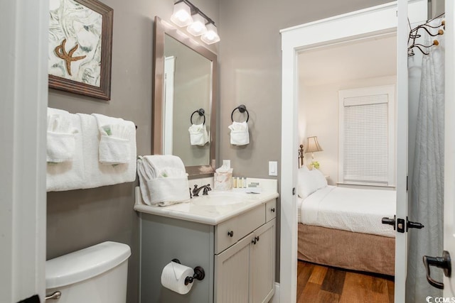 bathroom featuring toilet, wood finished floors, vanity, and connected bathroom