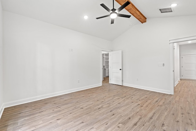 unfurnished bedroom featuring high vaulted ceiling, beamed ceiling, ceiling fan, and light hardwood / wood-style flooring