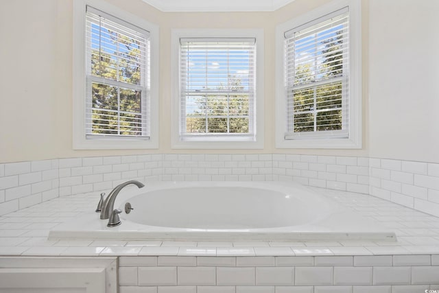 bathroom with a wealth of natural light and a relaxing tiled tub