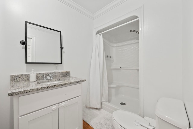 bathroom with a shower with shower curtain, toilet, ornamental molding, and vanity