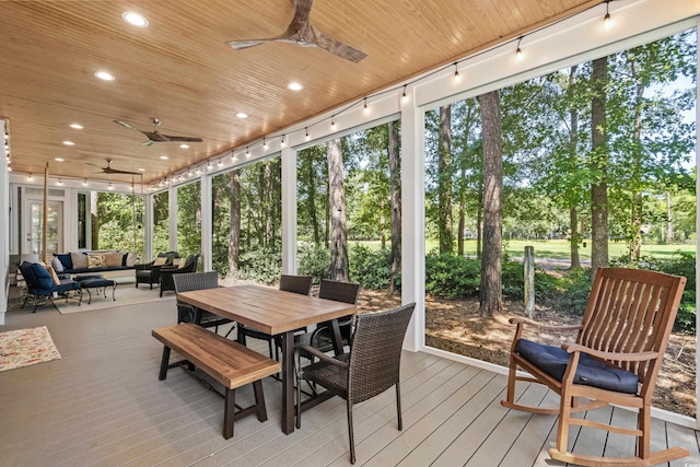 sunroom / solarium with plenty of natural light, ceiling fan, and wooden ceiling