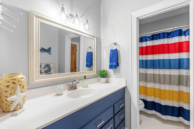 bathroom with tile patterned floors, walk in shower, vanity, and toilet