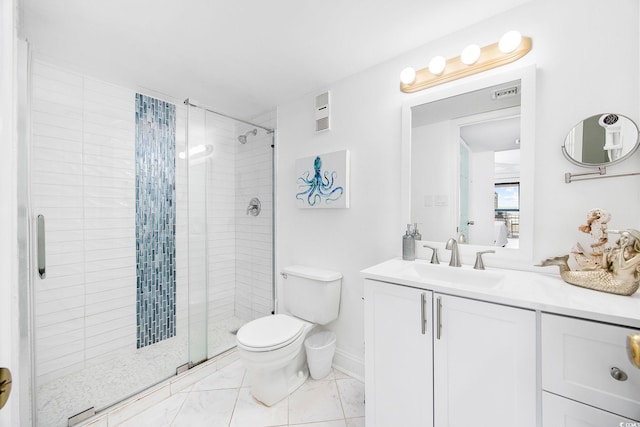 bathroom featuring walk in shower, vanity, and toilet