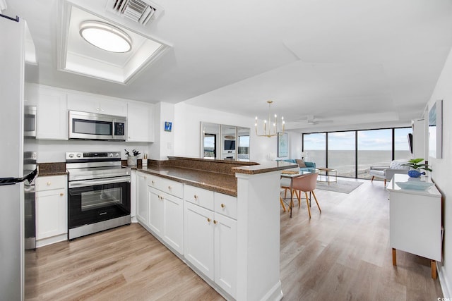 kitchen featuring light hardwood / wood-style floors, white cabinetry, a water view, kitchen peninsula, and stainless steel appliances