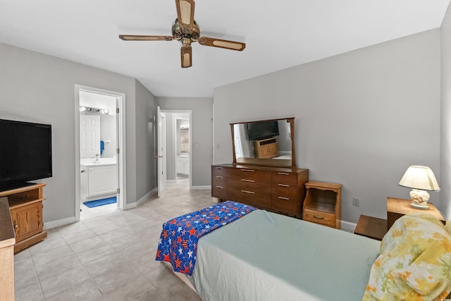 bedroom with ensuite bath and ceiling fan