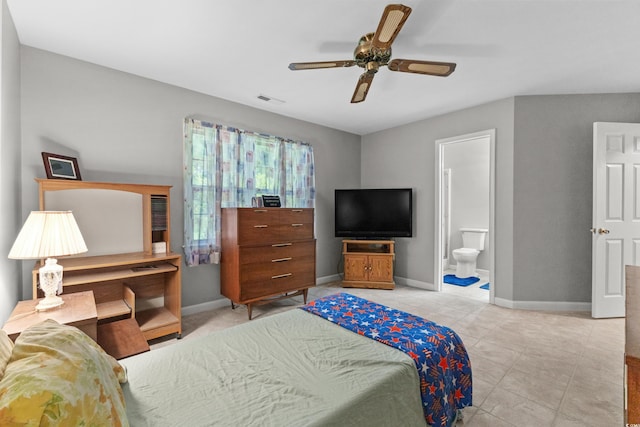 bedroom featuring connected bathroom and ceiling fan