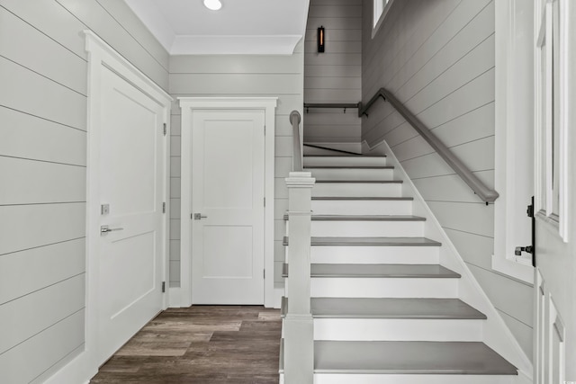 staircase with hardwood / wood-style floors and wooden walls