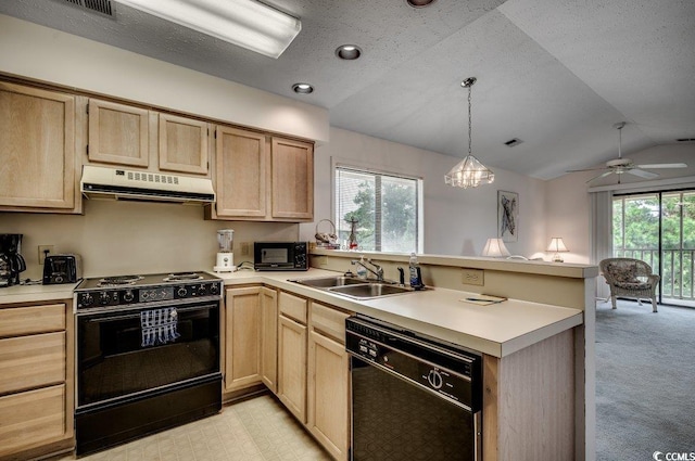 kitchen with black appliances, kitchen peninsula, vaulted ceiling, and a wealth of natural light