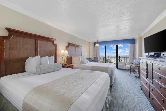 carpeted bedroom with a wall of windows, ornamental molding, access to exterior, and a textured ceiling