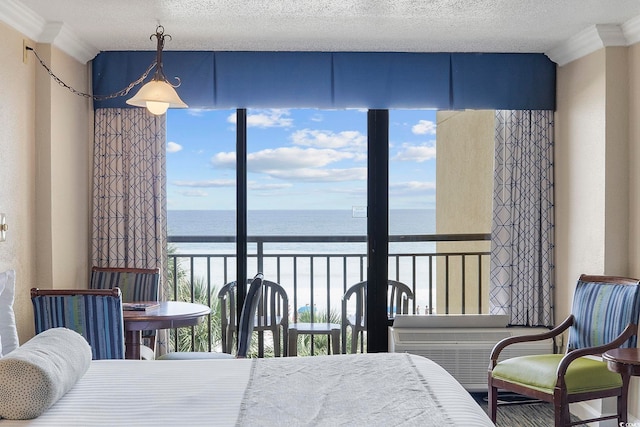 bedroom featuring a water view and a textured ceiling