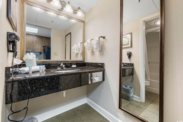 bathroom with vanity, toilet, and tile patterned flooring