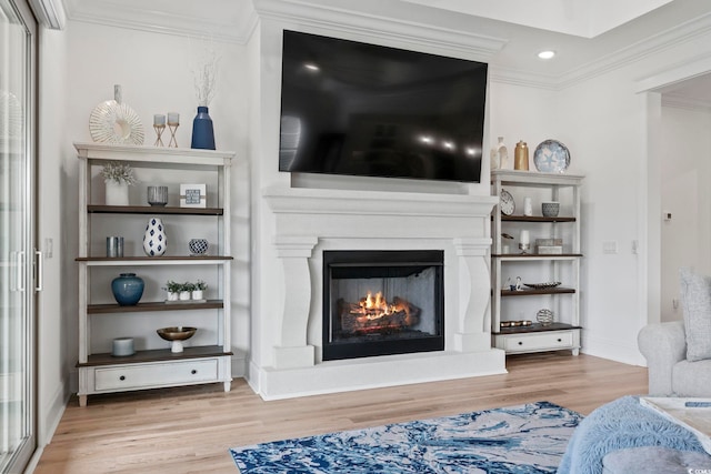 living room with ornamental molding and light wood-type flooring