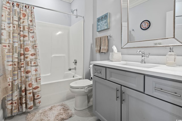 full bathroom featuring shower / bathtub combination with curtain, toilet, ornamental molding, vanity, and tile patterned floors