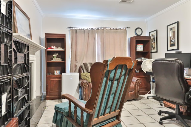 tiled office space with ornamental molding