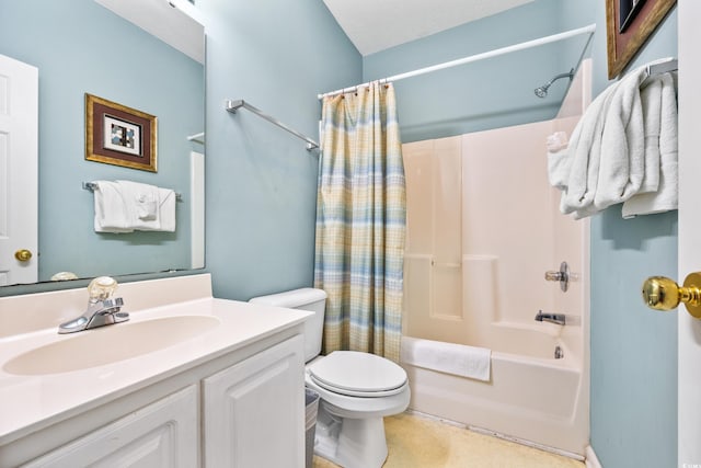 bathroom featuring toilet, vanity, and shower / bathtub combination with curtain