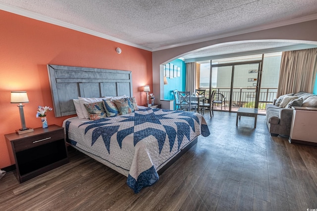 bedroom featuring arched walkways, wood finished floors, crown molding, and access to outside